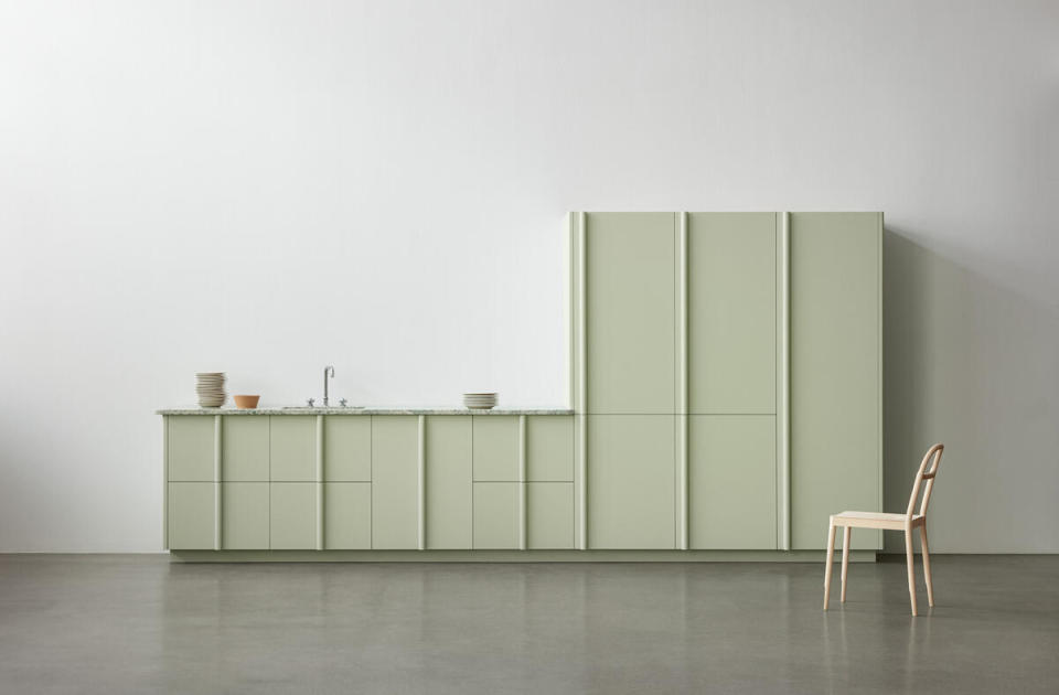 The Column kitchen in Pistachio painted veneer by Inga Sempé for Reform 