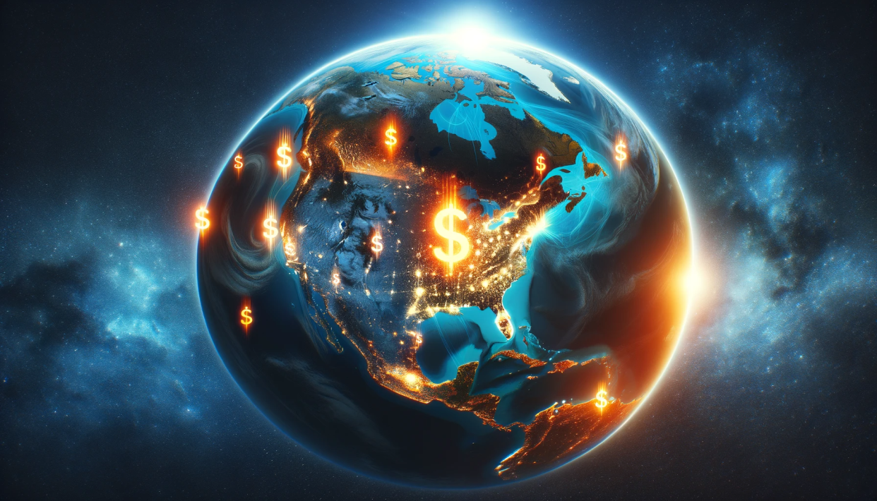 An AI-generated image showing Earth from space. The planet is shown in a realistic style, with continents and oceans visible. The glowing regions are highlighted in a way that suggests economic activity and prosperity.