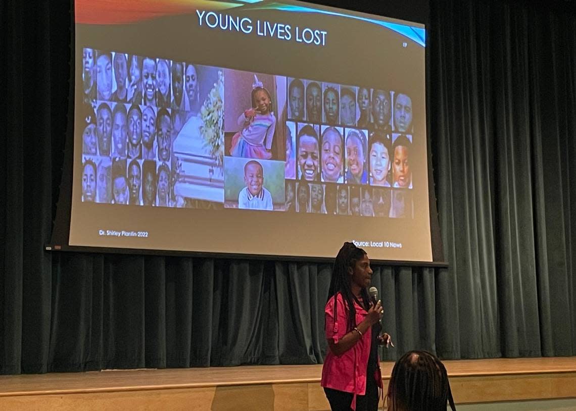 Shirley Plantin speaks about gun violence at a conference about school safety and mental wellness at Ronald W. Reagan Doral Senior High School, in Doral, Florida, on Wednesday, Aug. 3, 2022. Plantin is the chief executive consultant for U-Turn Youth Consulting Firm.