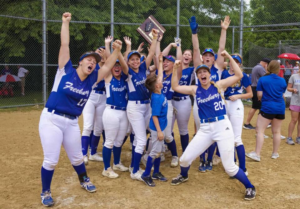 The Freeburg softball team celebrates after winning the IHSA Class 2A Althoff Regional championship Friday, May 19. The Midgets defeated Breese Central 6-0 in the title game and now advance to sectional competition.