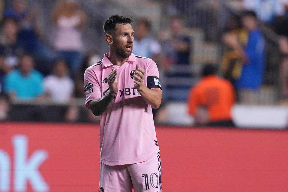 CHESTER, PENNSYLVANIA - AUGUST 15: Lionel Messi #10 of Inter Miami CF reacts against the Philadelphia Union during the Leagues Cup 2023 semifinals match at Subaru Park on August 15, 2023 in Chester, Pennsylvania. (Photo by Mitchell Leff/Getty Images)