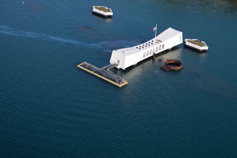 Aerial view of the USS Arizona Memorial at Ford Island, Joint Base Pearl Harbor-Hickam in Honolulu, Hawaii. Lou Conter, who was the last living survivor on the Arizona, attended annual memorial services at Pearl Harbor before he died Monday at the age of 102. File photo by Ace Rheaume/U.S. Navy/UPI