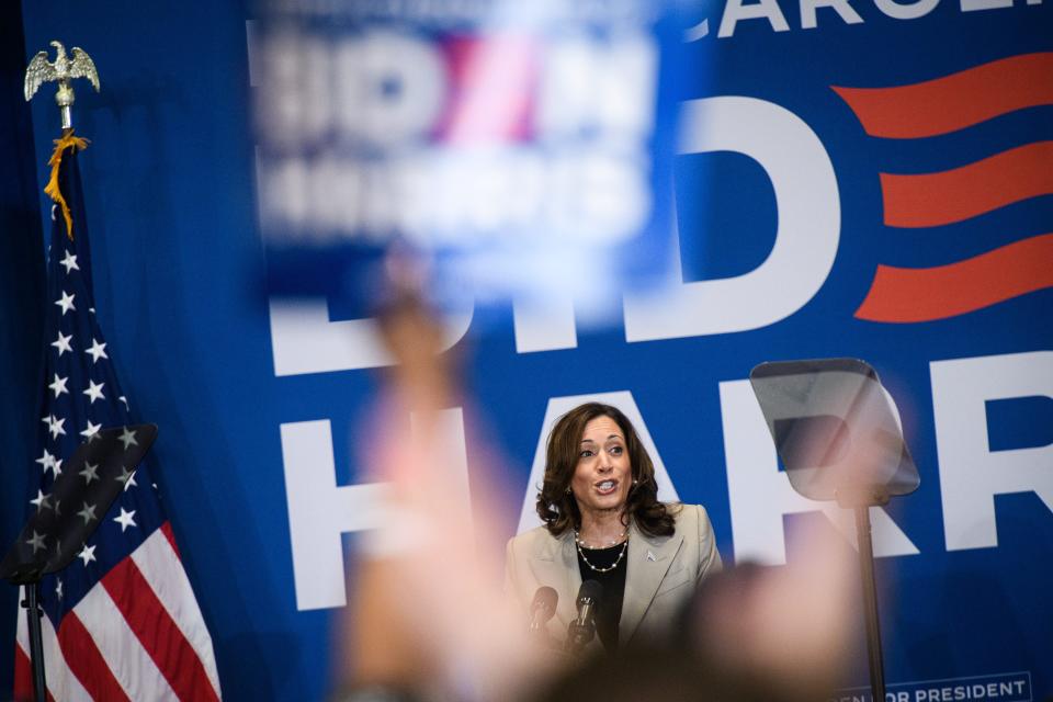 Vice President Kamala Harris speaks during a campaign stop in Fayetteville at Westover High School on Thursday, July 18, 2024.