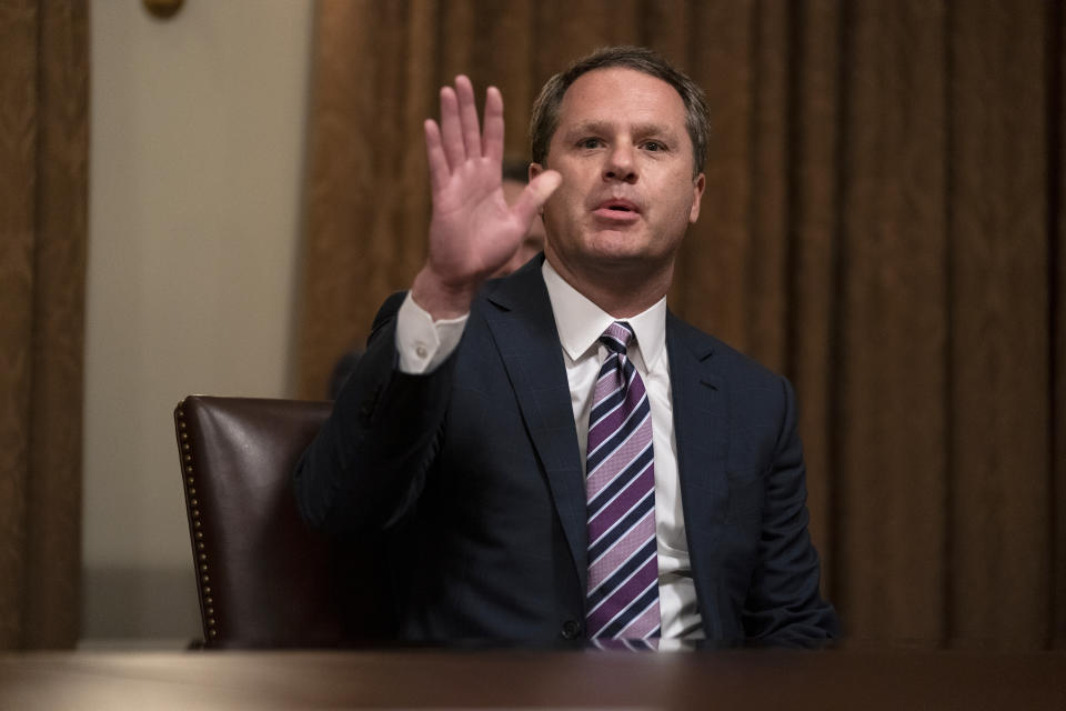 Walmart CEO Doug McMillon speaks during a meeting with President Donald Trump on coronavirus testing, in the Cabinet Room of the White House, Monday, April 27, 2020, in Washington. (AP Photo/Evan Vucci)