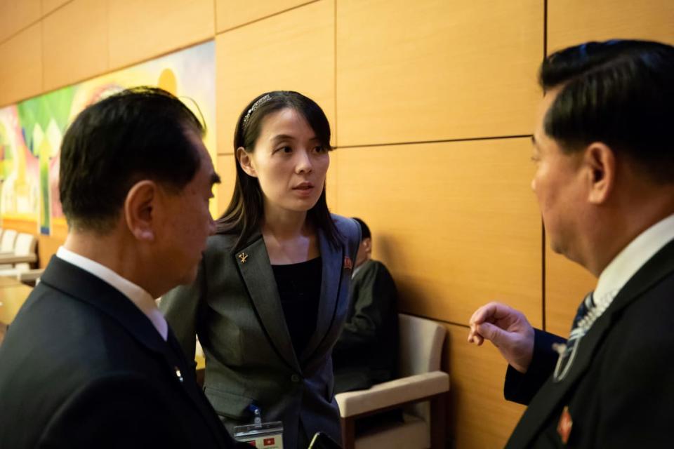 <div class="inline-image__caption"><p>Kim Yo Jong, sister of North Korean leader Kim Jong Un, speaks with North Korean officials during a bilateral meeting in Hanoi, Vietnam, on March 1, 2019.</p></div> <div class="inline-image__credit">Seong Joon Cho/Pool via Reuters</div>