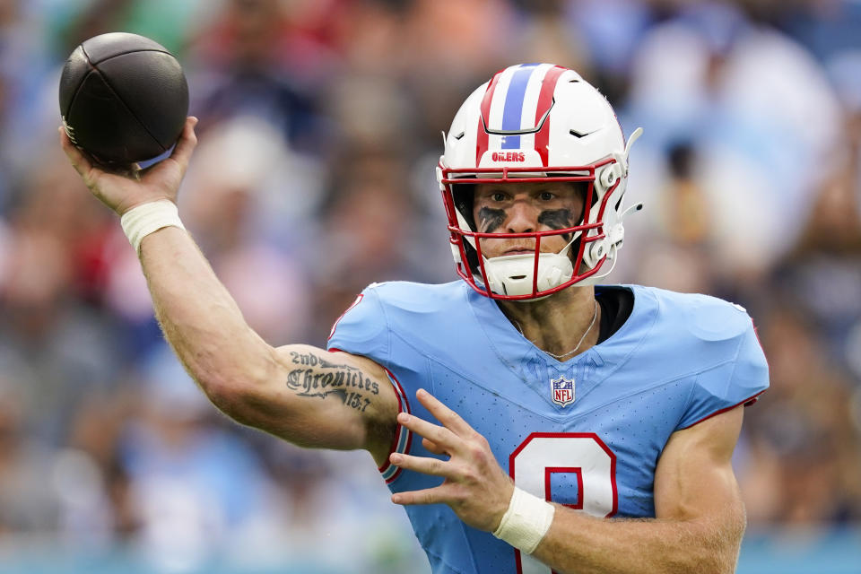 Tennessee Titans quarterback Will Levis throws a pass during the first half of an NFL football game against the Atlanta Falcons, Sunday, Oct. 29, 2023, in Nashville, Tenn. (AP Photo/George Walker IV)