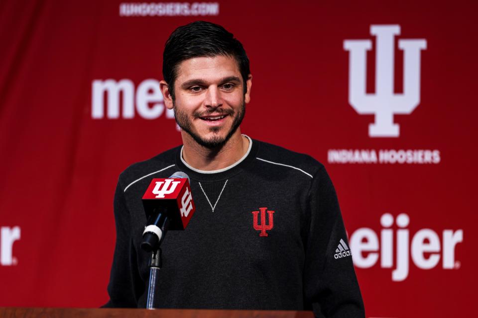 BLOOMINGTON, IN - September 11, 2023 - Indiana Hoosiers Co-Defensive Coordinator and Safeties Coach Matt Guerrieri during press conference at Memorial Stadium in Bloomington, IN. Photo By Andrew Mascharka/Indiana Athletics