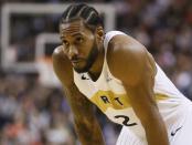 FILE PHOTO: Jan 11, 2019; Toronto, Ontario, CAN; Toronto Raptors forward Kawhi Leonard (2) looks on during a break in the action against the Brooklyn Nets at Scotiabank Arena. Mandatory Credit: John E. Sokolowski-USA TODAY Sports