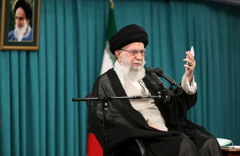 Iran's Supreme Leader Ayatollah Ali Khamenei speaks during a meeting in Tehran