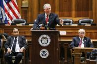 Cuban-born Congressman Albio Sires speaks during a Naturalization Ceremony for new US citizens at the City Hall of Jersey City in New Jersey on February 22, 2017