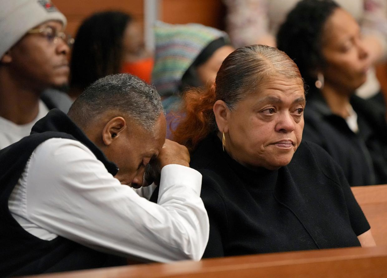 Victoria "Vikki" Perry, right, mother of Christina Perry, and Christina's stepfather, Dan Cunningham, react Tuesday in Franklin County Common Pleas Court during the sentencing of Ricky Williams Jr. for the fatal 2020 shooting of Christina during a road rage incident. The shooting occurred as Christina's 13-year-old son was a passenger in her vehicle.