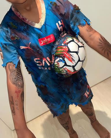 <p>kim kardashian/instagram</p> Kim Kardashian shares a close up photo of Saint West as a zombified soccer player