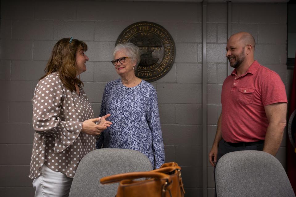 Dr. Lisa Ventura speaks with MPCS board members Bettye Kinser and David Moore after being named Superintendent of Maury County Public Schools during a board meeting at Horace O. Porter School in Columbia, Tenn., on Tuesday, May 3, 2022.