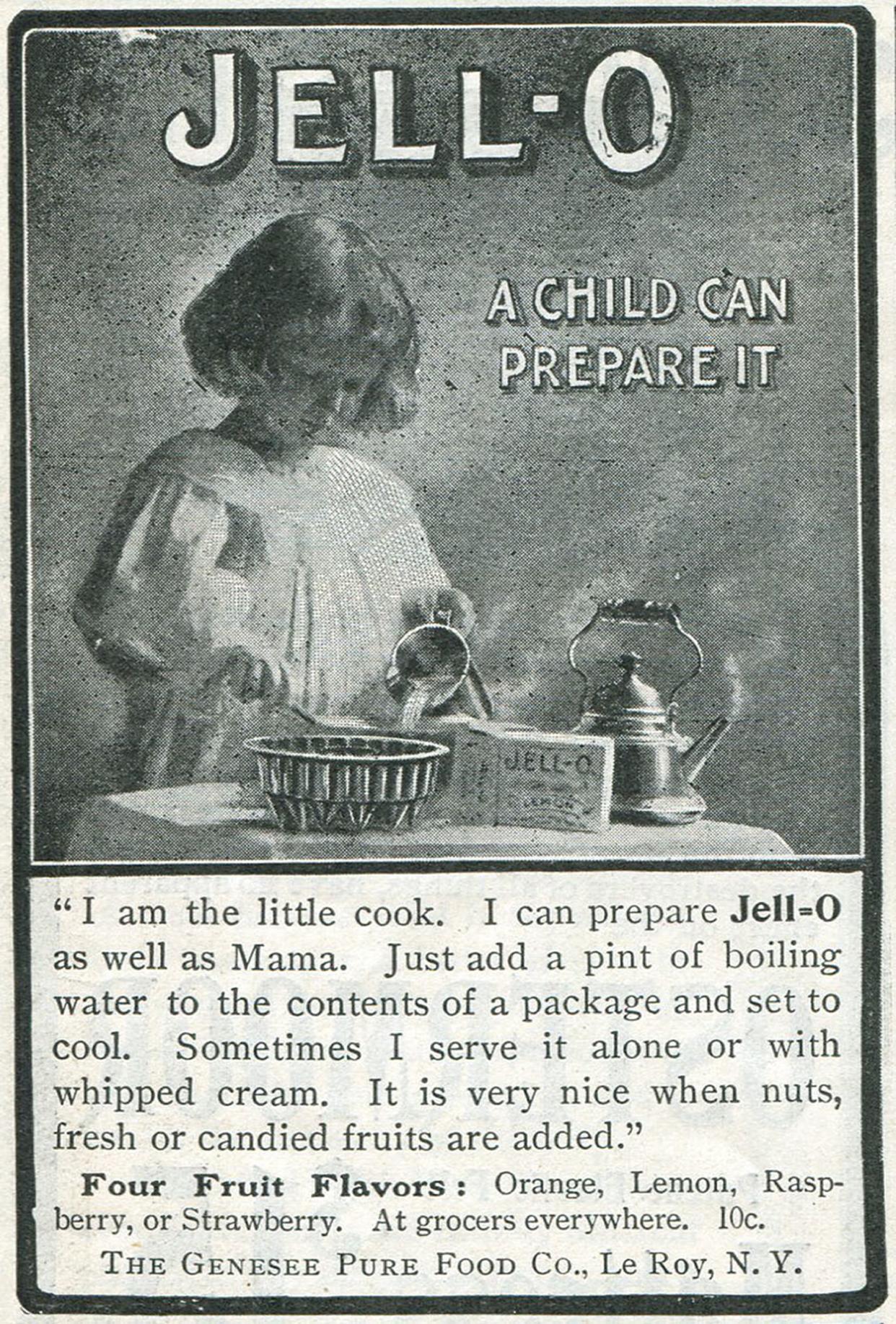 Black and white advertisement for Jell-O by the Genesee Pure Food Company in Le Roy, New York, a little girl is making Jell-O with the caption 'A Child Can Prepare It', 1903