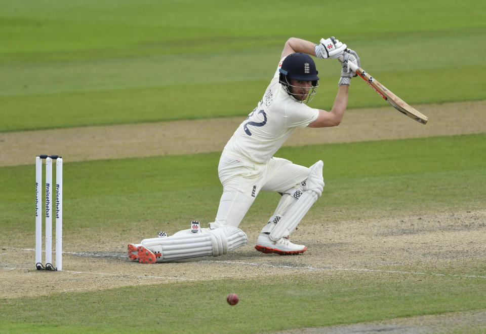 England's Dom Sibley bats during the fourth day of the first cricket Test match between England and Pakistan at Old Trafford in Manchester, England, Saturday, Aug. 8, 2020. (Dan Mullan/Pool via AP)