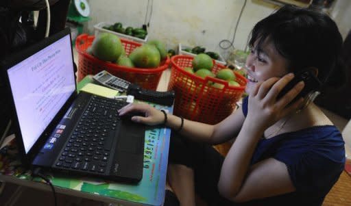 Thao Phuong, an employee of Hanoi Posts Company, works on her laptop as a part-time e-trader selling fruit in Hanoi. Vietnam's young, tech-savvy population is turning to the Internet to break out of an economic system stifled by decades of communist rule, leading to a boom in e-commerce