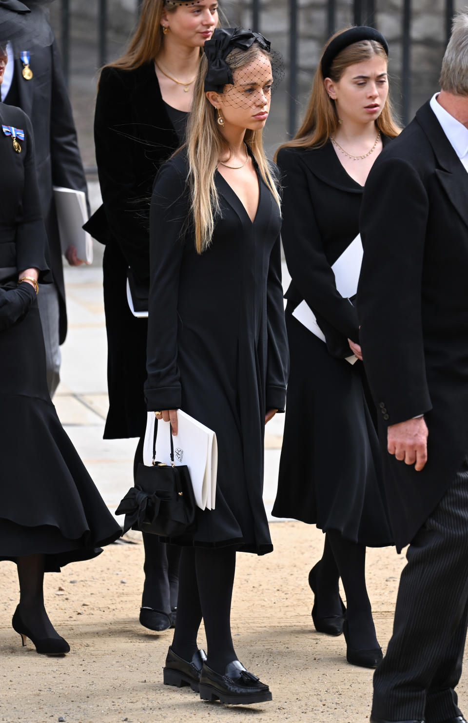 Lady Amelia attended the State Funeral of Queen Elizabeth II and wore traditional black with a statement bow headpeice with netting. (Getty Images)