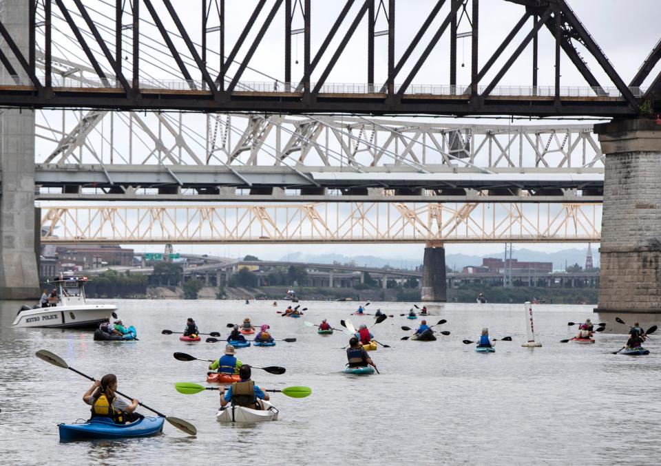 Canoes and kayaks leave Waterfront Park during the  annual Mayor's Hike, Bike and Paddle. Sept. 5, 2022