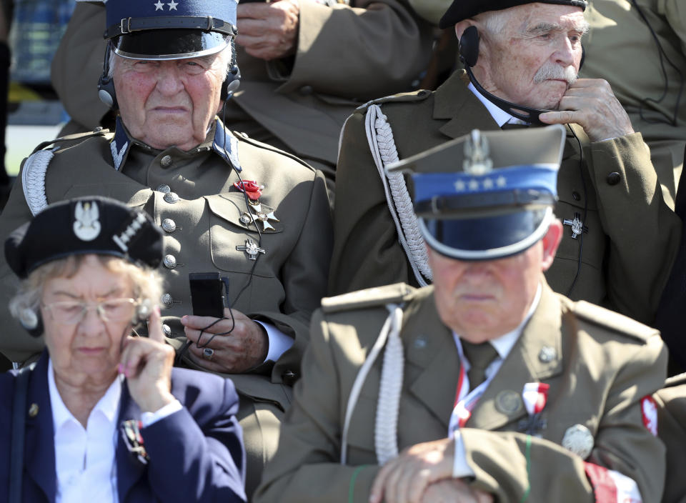 Polish war veterans attend a memorial ceremony marking the 80th anniversary of the start of World War II in Warsaw, Poland, Sunday, Sept. 1, 2019.(AP Photo/Czarek Sokolowski)