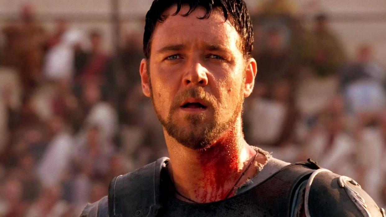  Russell Crowe looking angry in Gladiator. 