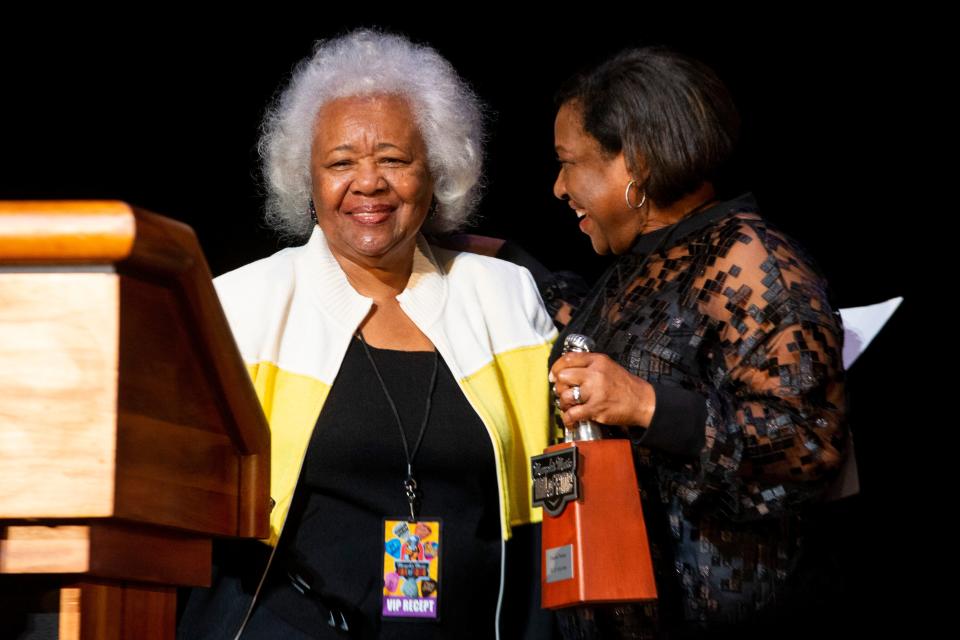 Deanie Parker is given “The Mic” trophy by Karla Redding, daughter of Otis Redding, as Parker is inducted into the Memphis Music Hall of Fame during the 2023 Induction Ceremony at the Cannon Center for the Performing Arts in Memphis, Tenn., on Thursday, October 12, 2023.