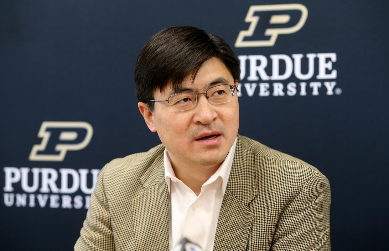 Purdue University President Mung Chiang speaks Monday, Oct. 9, 2023, at the Purdue University Extension offices in South Bend to announce the launch of a collaborative effort called the Purdue Broadband Team to help map and increase high-speed internet access, adoption and use throughout Indiana.