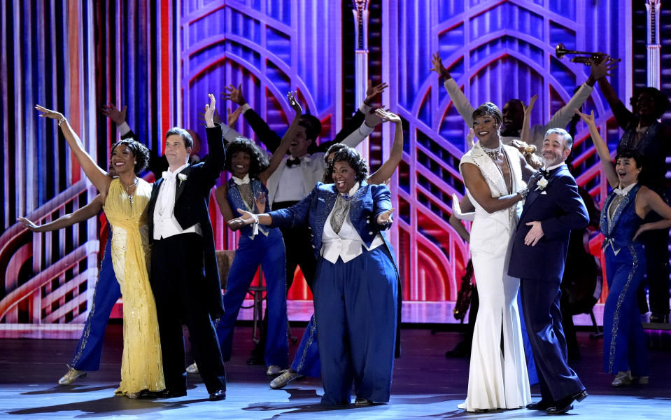 Adrianna Hicks, from front left, Christian Borle, NaTasha Yvette Williams, J Harrison Ghee, Kevin Del Aguila and the cast of "Some Like It Hot" perform at the 76th annual Tony Awards on Sunday, June 11, 2023, at the United Palace theater in New York. (Photo by Charles Sykes/Invision/AP)
