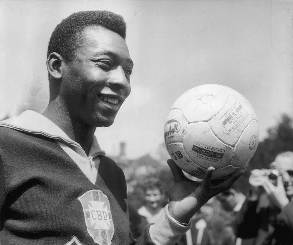 Brazilian footballer Pele in training for Brazil’s match against England. (Photo by Keystone/Getty Images)