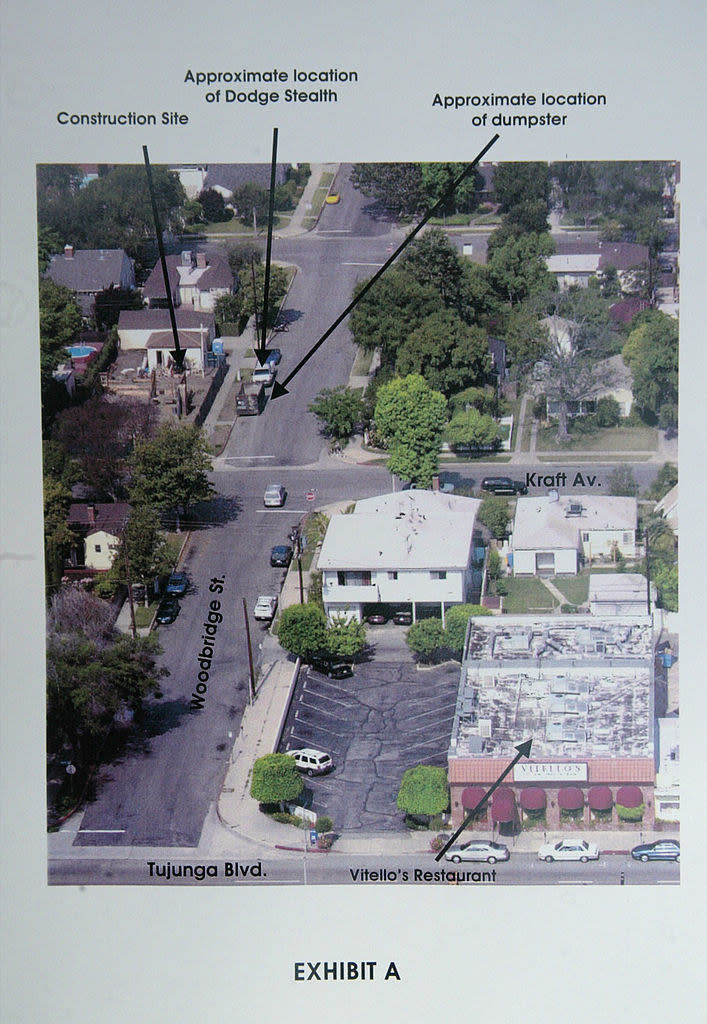 An evidence photograph of the crime scene shown in court during Robert Blake's bail hearing on Oct. 9, 2002, in Van Nuys, California.