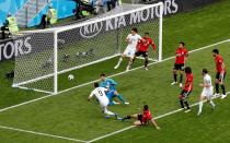<p>Luis Suarez misses the first half’s golden chance as he hits the side-netting from close range. (AP) </p>