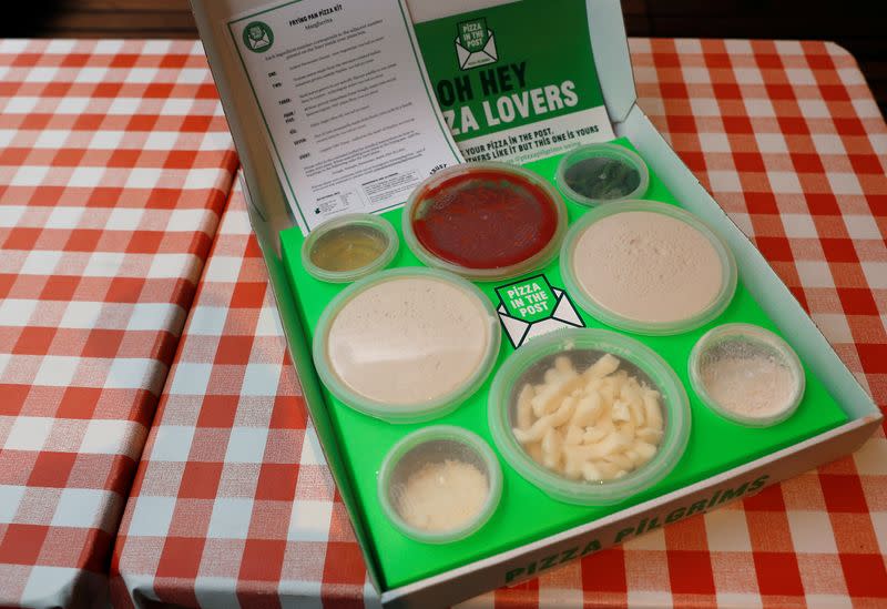 A Pizza Pilgrims, Pizza in the Post kit, is seen prior to cooking amid the coronavirus disease (COVID-19) outbreak in London