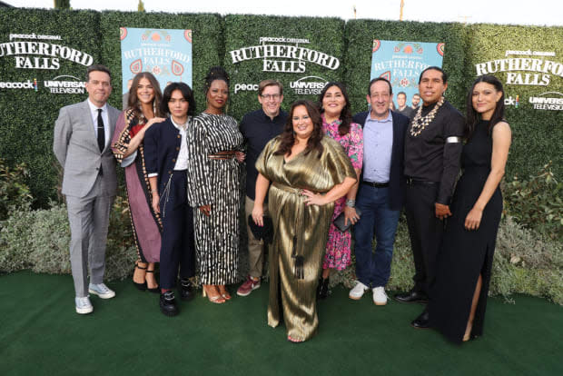 'Rutherford Falls' season two premiere, from left to right: Ed Helms, Kaniehtiio Horn, Jesse Leigh, Dana L. Wilson, Mike Falbo, Jana Schmieding (in B. Yellowtail and styled by Amy Stretten), co-creator Sierra Teller Ornelas, David Miner, Dallas Goldtooth, Julia Jones.<p>(Photo: Randy Shropshire/Courtesy of Peacock</p>