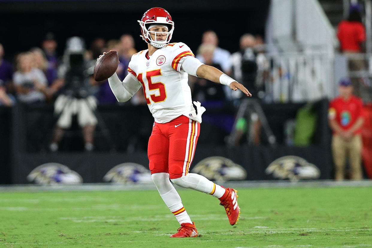 BALTIMORE, MARYLAND - SEPTEMBER 19: Quarterback Patrick Mahomes #15 of the Kansas City Chiefs drops back to pass against the Baltimore Ravens at M&T Bank Stadium on September 19, 2021 in Baltimore, Maryland. (Photo by Rob Carr/Getty Images)