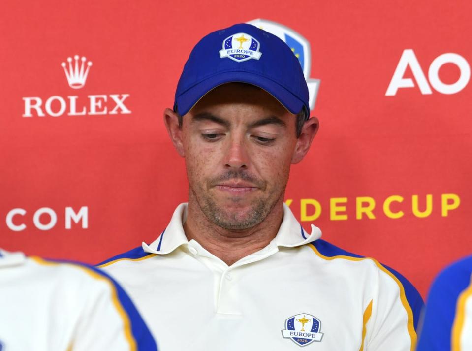 Rory McIlroy during a press conference after Europe’s record Ryder Cup loss to the United States (Anthony Behar/PA) (PA Wire)