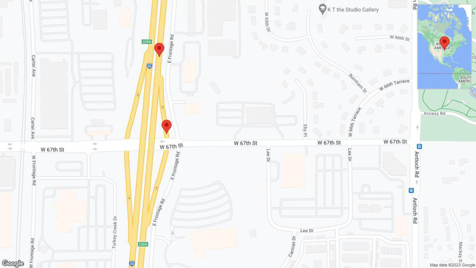 A detailed map that shows the affected road due to 'Broken down vehicle on East Frontage Road in Merriam' on December 17th at 3:49 p.m.