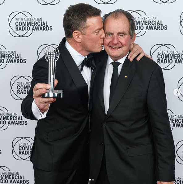 A photo of John Fordham and Ben Fordham at the 2019 Australian Commercial Radio Awards, where Ben won an award for Best Talk Presenter.