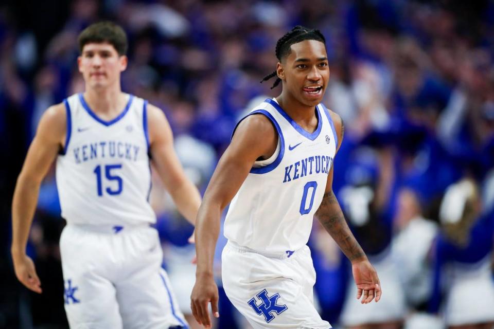 Kentucky guards Rob Dillingham (0) and Reed Sheppard (15) are projected as top-five picks in the 2024 NBA draft but were only occasional starters for the Wildcats.
