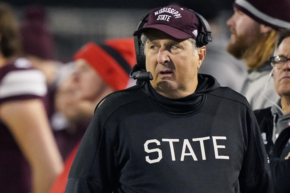 Mississippi State head coach Mike Leach looks across the field at his team during the second half of an NCAA college football game against Georgia in Starkville, Miss., Saturday, Nov. 12, 2022. Georgia won 45-19. (AP Photo/Rogelio V. Solis)