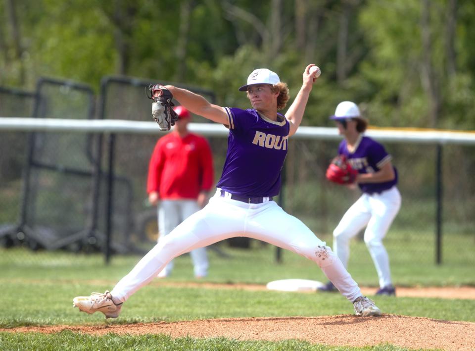 Jacksonville Routt's Conrad Charpentier pitches against Jacksonville in a nonconference baseball game at Alumni Field on Saturday, April 27, 2024. Jacksonville won 13-8.