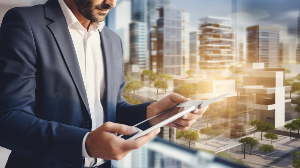 A business man holding a tablet, discussing the features of a Real Estate mobile-focused tech platform.