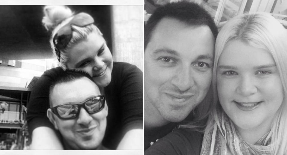 Black and white photos of Bec and her husband Jay.