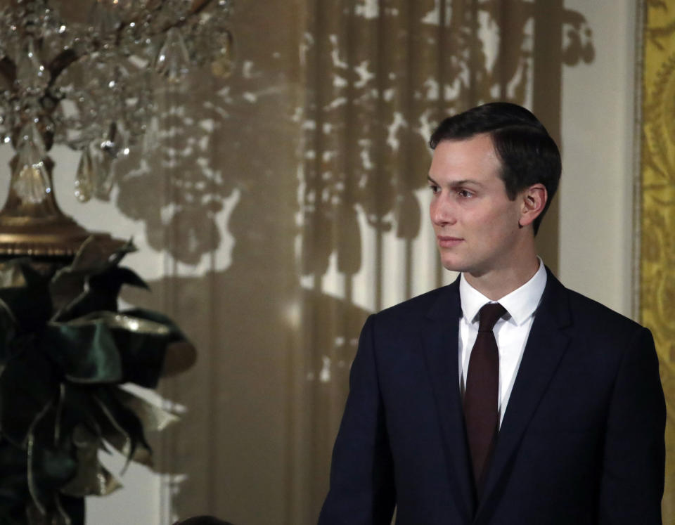 FILE - In this Dec. 7, 2017, file photo, White House senior adviser Jared Kushner stands in the East Room of the White House as President Donald Trump speaks during a reception, in Washington. New York City Councilman Ritchie Torres plans to introduce a bill to close the "Kushner loophole" that fails to check up on landlords if they file false documents with the city. Current regulations allow Kushner Cos to avoid strict oversight of construction that critics say was used to drive out low-paying tenants. (AP Photo/Alex Brandon, File)