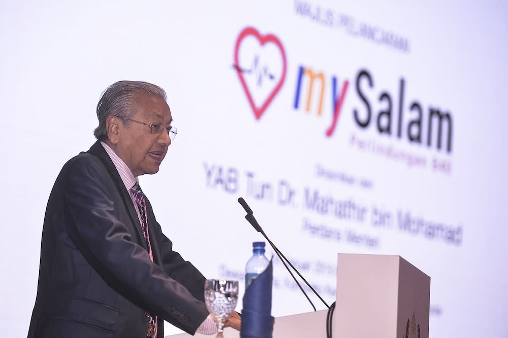 Tun Dr Mahathir Mohamad speaks at the launch of mySalam in Putrajaya January 24, 2019. — Picture by Shafwan Zaidon