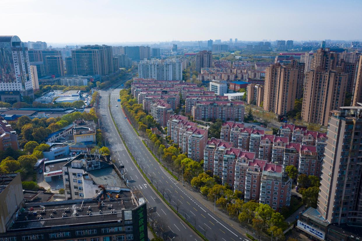 Aerial view of an empty road in Pudong district after Shanghai imposed a citywide lockdown to halt the spread of COVID-19 epidemic on April 1, 2022 in Shanghai, China.