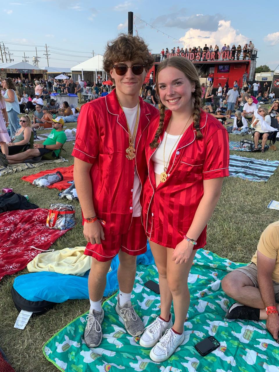 Carlie McClurg and Miles Baker, a couple from Columbus, Ohio, wore pajamas to the final day of Bourbon & Beyond on Sunday, Sept. 17, 2023.
