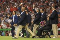 <p>Latin-born members of the Baseball Hall of Fame throw out the ceremonial first pitch at the start of the 88th MLB All-Star Game at Marlins Park on July 11, 2017 in Miami, Florida. (Photo by Mike Ehrmann/Getty Images) </p>