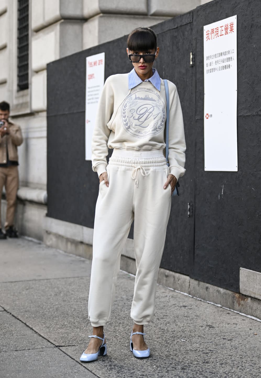 new york, new york september 10 katya tolstova is seen wearing a white phillip lim sweatshirt and sweatpants with baby blue shoes outside the 31 phillip lim show during nyfw ss 2024 on september 10, 2023 in new york city photo by daniel zuchnikgetty images