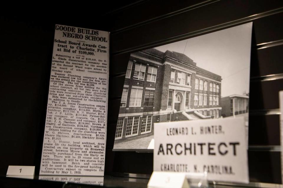 Clipping from The Charlotte Observer, dated August 15, 1922, detailing the plan to build Second Ward High School. Beside it is a photo of the entrance of Second Ward High School, date unknown. Provided the Robinson-Spangler Carolina Room, Charlotte Mecklenburg Library.