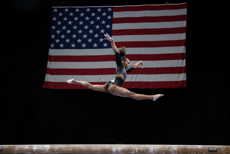 Shilese Jones competes on balance beam at the U.S. Gymnastics Championships on Sunday, Aug. 21, 2022, in Tampa.