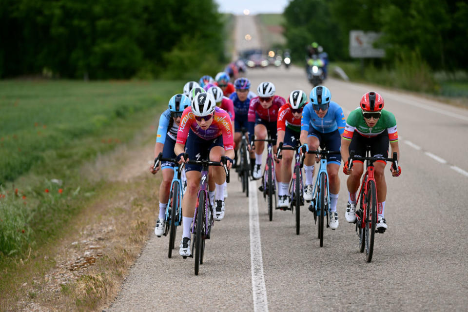 LERMA SPAIN  MAY 19 LR Lucinda Brand of The Netherlands and Team TrekSegafredo Marlen Reusser of Switzerland and Team SD Worx and Elisa Balsamo of Italy and Team TrekSegafredo lead the peloton during the 8th Vuelta a Burgos Feminas 2023 Stage 2 a 1189km stage from Sotresgudo to Lerma  UCIWWT  on May 19 2023 in Lerma Spain Photo by Dario BelingheriGetty Images